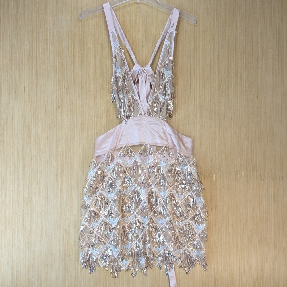 Womens‎ Sequin Cut Out Mini Dress XL Pink Festival Party Diamond Mesh Shimmer